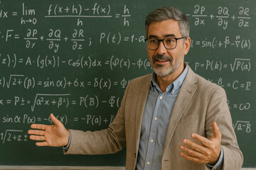Mathematics Professor Explaining Equations on Blackboard