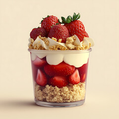 Delicious strawberry dessert in glass cup with cream and crumble on beige background