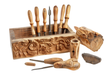 Handcrafted carving tools and intricate wooden pieces showcased artistically isolated on transparent background