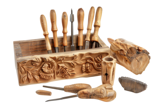 Handcrafted carving tools and intricate wooden pieces showcased artistically isolated on transparent background - Powered by Adobe