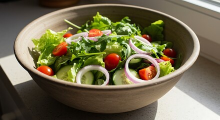 Fresh Garden Salad in Rustic Bowl: A Vibrant, Sunlit Composition