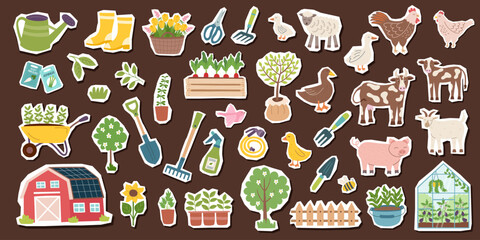Farming and gardening concept cliparts stickers isolated on brown. Agriculture and farm elements. Vector hand drawn objects collection.
