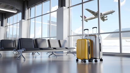 Empty airport waiting room with business chairs and a glass window