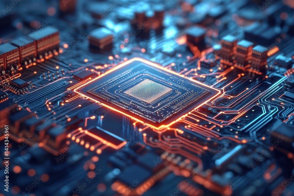 Poster close-up view of a modern microprocessor with glowing circuitry in a digital environment