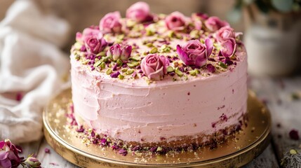 A beautifully decorated pink cake adorned with rose petals and creamy frosting, set on a golden platter, creating an elegant dessert for special occasions.
