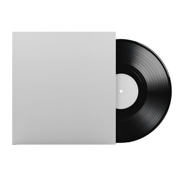 A classic black vinyl record partially slid out of a blank white cardboard sleeve, isolated on transparent background.