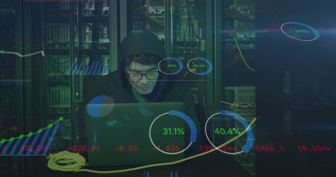 Image of data processing over asian male hacker in hoodie with laptop by computer servers
