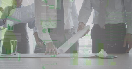 Image of statistics and financial data processing over business people in meeting