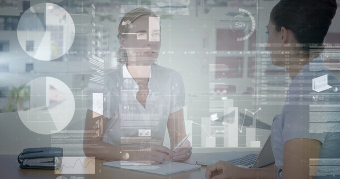 Image of statistics and financial data processing over businesswoman in meeting