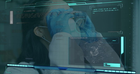 Image of data processing over asian doctor wearing safety goggles and face mask