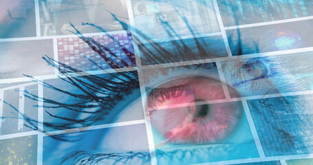 Image of woman's eye and data processing on screens