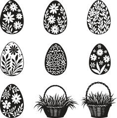 Easter Baskets with Eggs Set. Silhouette Spring, Holiday, Bunny, Easter Celebration. Vector Illustration