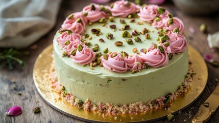 A beautifully decorated pink cake adorned with rose petals and creamy frosting, set on a golden platter, creating an elegant dessert for special occasions.