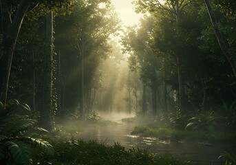 Fototapeta premium Serene Forest Stream: Sunlit Canopy, Misty Path, Lush Greenery