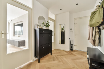 A stylish modern hallway featuring a minimalist design with a black cabinet, mirror, and green plants, creating a welcoming atmosphere and enhanced aesthetics.