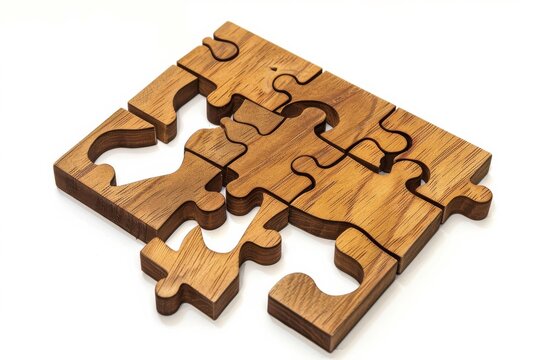 Unique wooden puzzle pieces artfully arranged on a white background inviting a touch of creativity isolated on transparent background