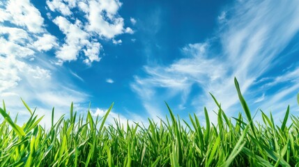 Fototapeta premium Fresh green grass against a vibrant blue sky with clouds. Springtime growth and renewal concept. Banner with copy space for environmental awareness campaign.