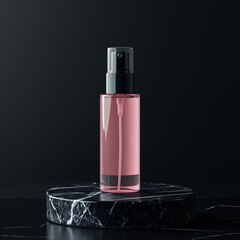 Mockup Water soluble mist spray bottle for pink facial skin care, standing on black marble podium, isolated on black background, Ai generated images