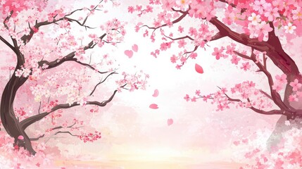 Naklejka premium Serene Pink Blossom Trees in Tranquil Spring Landscape Illustration