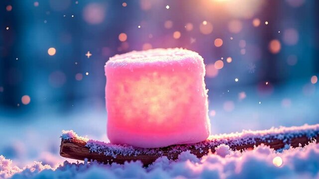Marshmallow, winter treats, glowing candy. Snowy confection. Frosted marshmallow attracts evening light. Soft texture enhances visual appeal. Sugary delight complements cold weather.