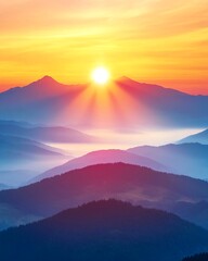 Majestic sunrise over misty mountains. Peaceful landscape, ideal for travel and nature documentaries