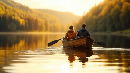 couple rowing boat on golden lake