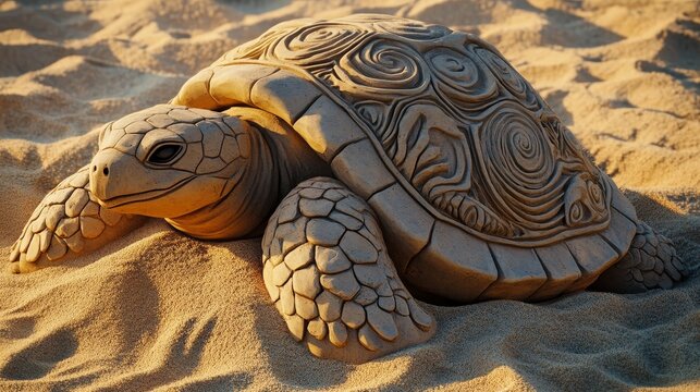 A turtle rests on sand with detailed shell patterns in warm light.