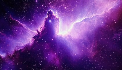 Obraz premium Stunning cosmic nebula with blossoming, column-shaped central structure emitting internal light, set against a vibrant starfield with swirling purple and pink gases, intricate textures