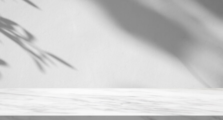 Marble table with tree shadow drop on white wall background for mockup product display