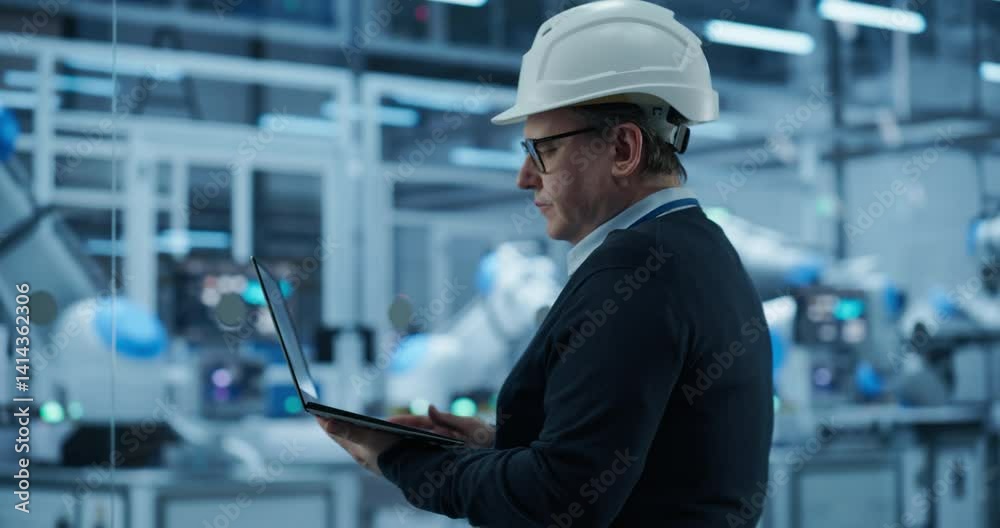 Poster Computer Monitors Display Robotic Operations and Data Analytics. Engineer in a Hard Hat Working in an Industrial Facility, Using Laptop Computer to Monitor Robotic Arms in a Futuristic Factory