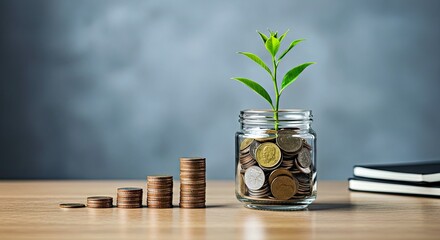 Business growth concept image plant emerging from coin jar on desk in office setting represents financial gain
