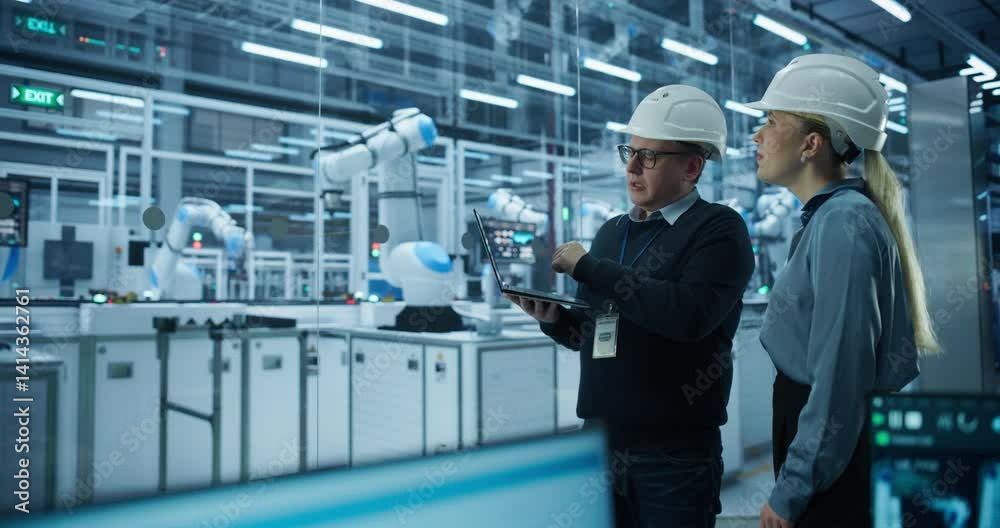 Aufkleber System Administrator and Technician Working at a Manufacturing Plant. Male Specialist Programming the Work of the Robotic Arms, Explaining Production on the Assembly Conveyor to a Female Colleague
