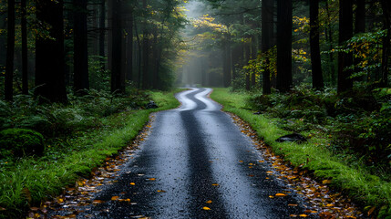 Obraz premium Winding road through misty forest