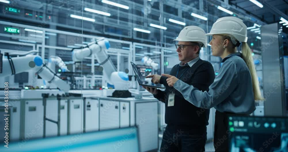 Fototapete Factory Employees Using Laptop and Having a Conversation on a Production Floor. Robotic Arms Automate Circuit Board Assembly Inside a Smart IoT Factory. Automatic Conveyor is Powered by an AI Software