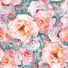 seamless flower ornament with watercolor roses in grass