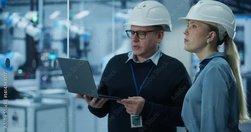 Aufkleber Portrait of a Male Technician and Female Businesswoman in a Factory, Talking, Using Laptop Computer and Monitoring Production at a Modern Automated Electronics Manufacture with AI Robotic Arms