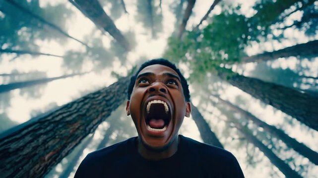 Man face expression yelling up at trees in forest