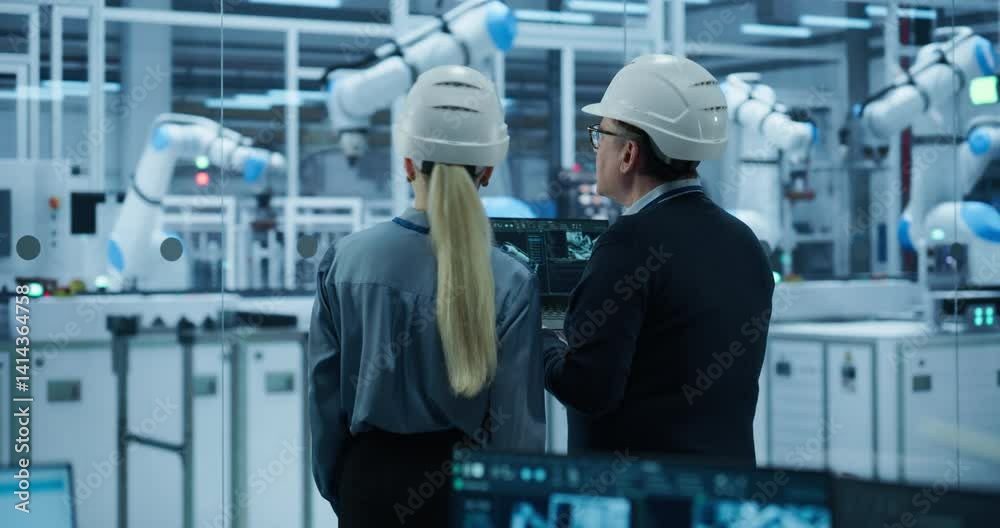 Aufkleber Female and Male Industrial Engineers Monitoring and Analyzing Conditions at a Modern Tech Electronics Factory with Automated Robot Arms Working with the Help of Artificial Intelligence Software