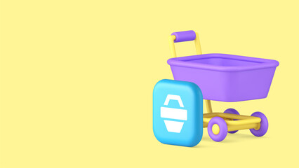 Online shopping cart buying goods purchase commercial retail copy space banner vector illustration. Shop store market supermarket internet purchasing order trolley cart web merchandise