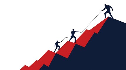 Teamwork climbing a graph.  Team members are supporting each other to achieve a higher position