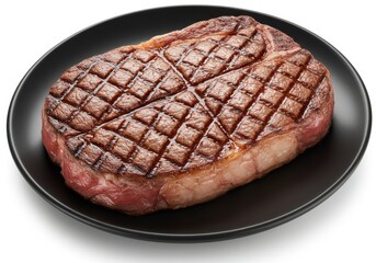 A grilled ribeye steak with diamond grill marks on a black plate isolated on a white background view from above