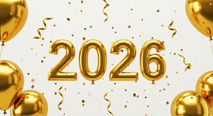Elegant twenty twenty six New Year party concept shiny gold balloons glittering confetti on isolated white scene