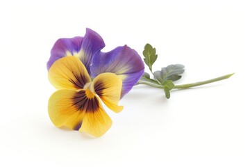 A vibrant violet and yellow pansy blooms gracefully against a soft white backdrop isolated on transparent background
