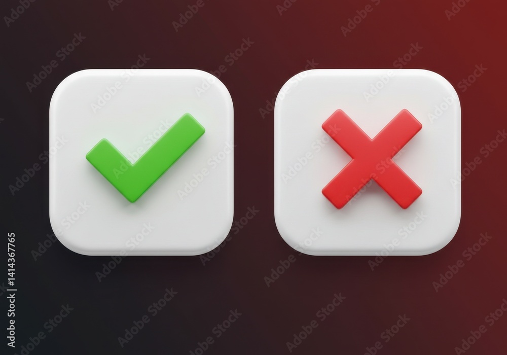Poster a rendered image showing a green check mark and a red x mark on white rounded square buttons
