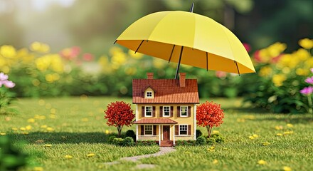 Home insurance protection concept shown by miniature house sheltered under small protective umbrella figure