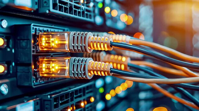 In a data center, numerous servers display illuminated network cables, emphasizing technology's critical role in data management and communication.