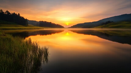 Fototapeta premium sunrise at lake with reflection in water