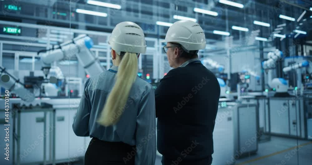 Poster Female and Male Industrial Engineers Monitoring and Analyzing Conditions at a Modern Tech Electronics Factory with Automated Robot Arms Working with the Help of Artificial Intelligence Software
