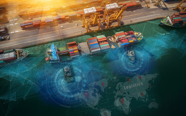 Aerial view and top view cargo plane flying above ship port coverage world map import-export business and logistics international goods. Shipping cargo to harbor by crane