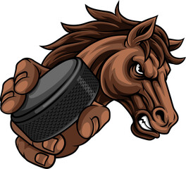 Horse mustang bronco stallion ice hockey angry sports team mascot holding a puck.